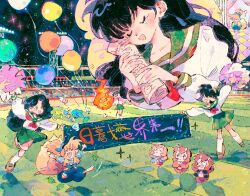 3boys 3girls ^_^ absurdres aerial_fireworks artist_request balloon banner black_hair blue_bow blue_pants blue_shirt bow brown_shoes character_request closed_eyes commission curly_hair eyelashes fire fireworks full_body giant giantess green_sailor_collar green_skirt hair_bow highres higurashi_kagome holding holding_banner holding_newspaper holding_pom_poms inuyasha kneehighs leaf light_blush long_hair messy_hair miniskirt motion_lines multiple_boys multiple_girls neckerchief newspaper night night_sky open_mouth orange_hair pants pleated_skirt pom_pom_(cheerleading) pom_poms ponytail puffy_pants red_neckerchief sailor_collar school_uniform second-party_source shadow shirt shoes short_hair skirt sky smile socks sparkle stadium tearing_up uwabaki very_long_hair white_shirt white_socks