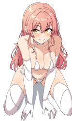 1girl absurdres bare_shoulders bikini blush breasts choker cleavage collarbone elbow_gloves gloves grin highres idolmaster idolmaster_cinderella_girls jougasaki_mika long_hair looking_at_viewer medium_breasts navel pink_hair seihekiog smile solo swimsuit thighhighs thighs white_bikini white_gloves white_thighhighs yellow_eyes