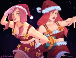 2girls alternate_costume atalajoestar bare_shoulders bow box breasts christmas collarbone commentary dual_persona english_commentary fur-trimmed_headwear fur-trimmed_skirt fur_trim gift gift_box gloves green_eyes hat highres hirose_yasuho holding holding_box holding_gift jojo_no_kimyou_na_bouken jojolion long_hair looking_at_viewer midriff miniskirt multiple_girls one_eye_closed open_mouth pink_gloves pink_hair red_gloves red_hair red_hat red_lips red_skirt salute santa_costume santa_hat single_glove skirt small_breasts smile snowing teeth thighhighs twintails white_fur yellow_bow