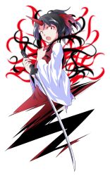 1girl :o black_hair commentary_request dairi full_body ghost_tail hair_ribbon holding holding_sword holding_weapon horns japanese_clothes katana kimono konngara_(touhou) large_variant_set long_sleeves looking_at_viewer open_mouth ponytail red_eyes red_horns red_kimono red_ribbon ribbon sash short_hair simple_background single_horn solo sword tachi-e touhou touhou_(pc-98) transparent_background variant_set weapon white_sash white_sleeves wide_sleeves
