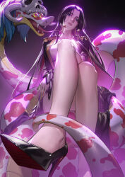 1girl absurdres black_coat black_hair black_shoes blue_eyes boa_hancock breasts coat earrings epaulettes from_below heart heart-shaped_pupils high_heels highres jewelry large_breasts long_hair looking_at_viewer one_piece parted_lips salome_(one_piece) shoes sitting skull snake snake_earrings symbol-shaped_pupils tupiao_shaonu