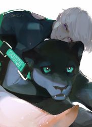1boy animal animal_hug expressionless green_eyes highres hug inumaki_toge jujutsu_kaisen looking_at_viewer okkotsu_yuuta panther pillow purple_eyes shirt short_hair solo_focus