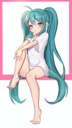 1girl :/ absurdres ahoge aqua_eyes aqua_hair bad_id bad_pixiv_id barefoot blush bottomless closed_mouth commentary_request expressionless female_focus full_body hair_between_eyes hatsune_miku highres korean_commentary long_hair looking_at_viewer partial_commentary pn_(wnsl216) shirt short_sleeves sidelocks sitting solo spread_toes t-shirt toes twintails very_long_hair vocaloid white_shirt