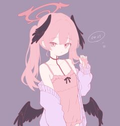 1girl bare_shoulders blue_archive body_markings camisole cardigan chobiii7 collarbone dated flat_chest halo head_wings highres koharu_(blue_archive) long_hair looking_at_viewer low_wings multiple_wings pink_camisole pink_eyes pink_hair pink_halo purple_cardigan rns simple_background solo twintails wings