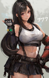 1girl bare_shoulders black_hair black_skirt black_sports_bra breasts collarbone crop_top earrings elbow_gloves elbow_pads final_fantasy final_fantasy_vii final_fantasy_vii_remake fingerless_gloves gloves highres jewelry large_breasts long_hair low-tied_long_hair miche midriff pleated_skirt red_eyes single_arm_guard single_elbow_pad skirt smile solo sports_bra straight_hair suspender_skirt suspenders swept_bangs tank_top teardrop_earrings tifa_lockhart white_tank_top