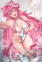 1girl animal_ears artist_name bathroom blush breasts cleavage collarbone commentary completely_nude covering_breasts covering_privates english_commentary fangs fingernails groin hair_intakes highres hololive hololive_english huge_breasts knees long_hair looking_at_viewer multicolored_hair naga_nyoom nail_polish nose nude one_eye_closed open_mouth panther_ears panther_girl panther_tail patreon_username pink_hair pink_nails raora_panthera smile solo streaked_hair tail teeth thighs tongue tongue_out two-tone_hair upper_teeth_only vgen_username virtual_youtuber white_hair white_tongue yellow_eyes