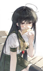 1girl absurdres black_hair black_thighhighs bow bowtie bread brown_eyes eating food fuunyon green_skirt highres jewelry long_hair looking_at_viewer melon_bread miniskirt on_bench pendant school_uniform serafuku shakugan_no_shana shana shirt short_sleeves sitting skirt solo thighhighs white_shirt yellow_bow yellow_bowtie