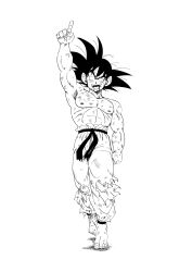 1boy absurdres arm_up battle_damage dragon_ball dragon_ball_(classic) fenyon full_body greyscale highres male_focus medium_hair monochrome muscular muscular_male pants pointing sash simple_background solo son_goku spiked_hair topless_male torn_clothes torn_pants white_background
