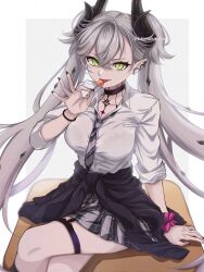 1girl black_jacket black_skirt body_markings breasts candy choker clothes_around_waist collared_shirt crossed_bangs demon_girl demon_horns ear_piercing fate/grand_order fate_(series) food green_eyes grey_hair hair_between_eyes highres horns jacket jacket_around_waist kawairuka_ko large_breasts lilith_(fate) lollipop long_hair looking_at_viewer necktie piercing pointy_ears shirt sitting skirt sleeves_rolled_up smile solo thighs tongue tongue_out twintails very_long_hair white_shirt