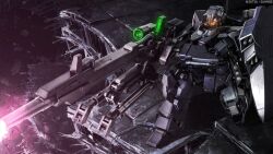Rule 34 | absurdres, assault visor, asteroid, battle, beam cannon, beam rifle, company name, copyright notice, damaged, debris, energy, energy beam, energy gun, firing, glowing, gundam, gundam battle operation 2, gundam unicorn, highres, jesta, machinery, mecha, mecha focus, missile pod, mobile suit, no humans, official art, painting (medium), realistic, robot, scan, science fiction, scope, shield, solo, space, sunrise (company), tenjin hidetaka, traditional media, weapon, yellow visor