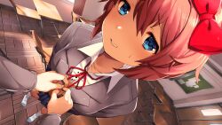 1boy 1girl adjusting_another&#039;s_clothes adjusting_neck_ribbon ankle_socks arms_behind_back blazer blue_eyes blue_skirt blush bow breasts brown_hair brown_sweater_vest bulletin_board button_gap buttons chair classroom collarbone collared_shirt curtains day desk doki_doki_literature_club doki_doki_literature_club_school_uniform door dot_nose double-parted_bangs dress_shirt dutch_angle embarrassed eyebrows_hidden_by_hair fisheye from_above full_body furrowed_brow game_cg grey_jacket grin hair_between_eyes hair_bow highres indoors jacket light_smile long_eyelashes long_sleeves looking_at_another looking_at_viewer medium_breasts miniskirt neck_ribbon nervous non-web_source nose_blush official_art pleated_skirt pov pov_hands protagonist_(doki_doki_literature_club) raised_inner_eyebrows red_bow red_ribbon ribbon satchely sayori_(doki_doki_literature_club) school school_desk school_uniform shirt shoes short_hair sidelocks skirt small_sweatdrop smile socks solo_focus sparkling_eyes standing sweater_vest teeth thick_eyelashes v-neck wavy_hair white_shirt white_shoes white_socks window wooden_floor