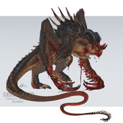 animal_focus artist_name black_horns blood claws closed_eyes deathclaw endivinity extra_arms fallout from_side full_body grey_background highres horns letterboxed mixed_limbs monster mutation no_humans original outside_border signature simple_background solo spikes tail watermark