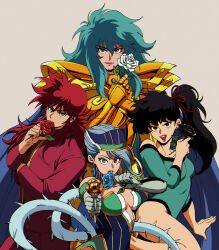 Rule 34 | 2boys, 2girls, aiming, aiming at viewer, armor, athletic leotard, bare shoulders, black flower, black hair, black rose, blue cape, blue eyes, blue hair, blue nails, blue rose (tiger &amp; bunny), breasts, brown eyes, cape, commentary, crossover, crystal earrings, earrings, elbow gloves, english commentary, eyelashes, eyeshadow, fingernails, flower, flower to mouth, gakuran, gloves, gold armor, gold cloth, gold saint, green eyes, green eyeshadow, green leotard, green lips, grey background, gun, hand up, handgun, hands up, highres, holding, holding flower, holding gun, holding weapon, jewelry, kunou kodachi, kurama (yu yu hakusho), leg up, leotard, lipstick, long fingernails, long hair, long sleeves, looking at viewer, low neckline, makeup, medium breasts, mole, mole under eye, multiple boys, multiple crossover, multiple girls, nail polish, off-shoulder leotard, open mouth, pauldrons, pink lips, pisces aphrodite, plant, polmcarts, ranma 1/2, red flower, red hair, red rose, rose, saint seiya, school uniform, shoulder armor, side ponytail, simple background, sleeved leotard, smile, stud earrings, superhero costume, teeth, thorns, tiger &amp; bunny, trait connection, trap, upper teeth only, vines, weapon, white flower, white rose, yuu yuu hakusho