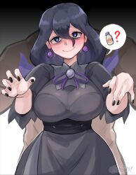1boy 1girl ? absurdres artsheops behind_another black_corset black_hair black_nails blush bottle breasts closed_mouth corset cowboy_shot dark-skinned_male dark_skin ghost_pose hands_up hex_maniac_(pokemon) hex_maniac_(pokemon_legends:_z-a) highres large_breasts looking_at_viewer milk_bottle moomoo_milk muscular muscular_male neck_ribbon nintendo pokemon pokemon_legends:_z-a purple_eyes purple_ribbon ribbon smile solo_focus spoken_object spoken_question_mark