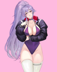 1girl alternate_breast_size alternate_costume artist_name blush breasts cleavage closed_mouth commentary contemporary english_commentary fire_emblem fire_emblem:_genealogy_of_the_holy_war hair_between_eyes head_tilt highleg highleg_one-piece_swimsuit ishtar_(fire_emblem) jacket large_breasts long_hair long_sleeves meziosaur nintendo one-piece_swimsuit open_clothes open_jacket pink_background ponytail purple_eyes purple_hair purple_one-piece_swimsuit sidelocks simple_background solo swimsuit thighhighs very_long_hair white_thighhighs