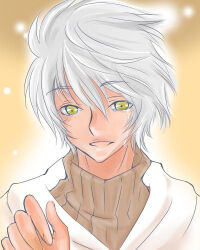 1boy brown_shirt commentary_request crying crying_with_eyes_open hair_between_eyes hunter_(ragnarok_online) jacket koma_mama looking_at_viewer male_focus open_mouth ragnarok_online shirt short_hair smile solo tears turtleneck turtleneck_shirt upper_body white_jacket yellow_background yellow_eyes
