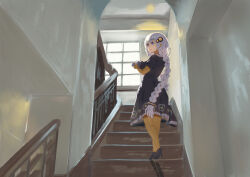 1girl absurdres backlighting black_shoes blue_eyes blunt_bangs braid brown_dress camera commentary_request dress elbow_gloves fingerless_gloves full_body gloves hair_ornament high_heels highres holding holding_camera indoors jewelry kizuna_akari long_hair looking_to_the_side low_twin_braids low_twintails no_jacket orange_gloves orange_pantyhose pantyhose petrasche_(kunio_miracle) pinafore_dress pinstripe_pattern puffy_short_sleeves puffy_sleeves shoes short_sleeves single-lens_reflex_camera sleeveless sleeveless_dress solo stairs stairwell standing star_(symbol) striped_clothes striped_gloves striped_pantyhose teeth twin_braids twintails vertical-striped_clothes vertical-striped_gloves vertical-striped_pantyhose very_long_hair vocaloid voiceroid white_hair wide_shot window