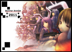 10s 2011 6+girls :p aks-74u alice_margatroid animal_ears assault_rifle bad_id bad_pixiv_id blazer blonde_hair border cirno cosplay everyone french_text fujiwara_no_mokou gun hakurei_reimu highres houraisan_kaguya inaba_tewi jacket kaenbyou_rin kalashnikov_rifle kirisame_marisa kochiya_sanae long_hair m16 m16a1 m4_carbine m60_(machine_gun) machine_gun machine_pistol morichika_rinnosuke multiple_girls necktie new_year pleated_skirt purple_hair rabbit_ears red_eyes reisen_udongein_inaba reisen_udongein_inaba_(cosplay) rifle rumia shiroi_karasu short_hair skirt sniper_rifle submachine_gun tongue tongue_out touhou uzi weapon yagokoro_eirin