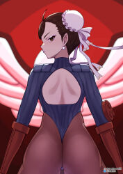 Rule 34 | 1girl, ass, back, breasts, brown hair, bun cover, capcom, chun-li, corruption, dark persona, double bun, earrings, fingerless gloves, garrison cap, gloves, hair bun, hat, highleg, highleg leotard, highres, jewelry, leotard, looking at viewer, looking back, mind control, pantyhose, pearl earrings, red gloves, ribbed leotard, shadaloo dolls, shoulder blades, solo, street fighter, thick thighs, thighs, yami-mochi