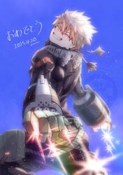 1boy bakugou_katsuki belt black_pants black_shirt blonde_hair blue_sky boku_no_hero_academia closed_eyes commentary_request dated explosive feet_out_of_frame gloves green_belt grin highres male_focus multicolored_gloves pants pouch shirt short_hair sky smile solo sparkle superhero_costume teeth thigh_pouch tomomin_1129