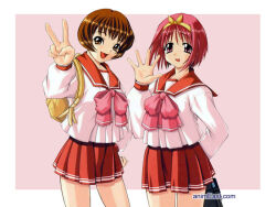 1990s_(style) 2girls bag brown_eyes brown_hair feet_out_of_frame female_focus hair_between_eyes hair_ribbon kamigishi_akari legs long_sleeves looking_at_viewer multiple_girls nagaoka_shiho official_art open_mouth red_eyes red_hair retro_artstyle ribbon school_bag school_uniform serafuku simple_background standing to_heart to_heart_(series) v watermark waving web_address