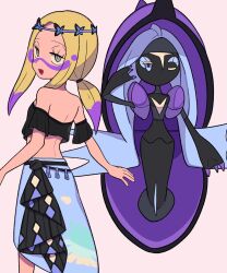 1girl :d black_shirt blonde_hair blue_headband blue_skirt bright_pupils commentary_request eyelashes gen_7_pokemon grey_background grey_eyes half-closed_eyes headband highres legendary_pokemon looking_back mina_(pokemon) mina_(sygna_suit)_(pokemon) multicolored_hair nintendo off-shoulder_shirt off_shoulder official_alternate_costume open_mouth parted_bangs pokemon pokemon_(creature) pokemon_masters_ex purple_hair shirt sidelocks skirt smile tapu_fini two-tone_hair tyako_089 white_pupils