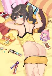 1girl ahoge anus anus_peek aqua_eyes ass blush brown_hair character_doll cleft_of_venus clothes_pull crop_top crown doll food food_in_mouth from_behind hair_between_eyes highres himemori_luna hololive looking_at_viewer looking_back lying medium_hair minamura_haruki mini_crown natsuiro_matsuri natsuiro_matsuri_(matsuri&#039;s_day_off) nintendo_switch nude_filter on_stomach pocky pocky_in_mouth pussy scrunchie short_shorts shorts shorts_pull side_ponytail solo third-party_edit virtual_youtuber