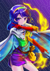 Rule 34 | 1girl, absurdres, bag, blue hair, cloak, closed mouth, dress, elbow gloves, eyelashes, fire, gloves, goingtobemad, hairband, highres, long hair, long sleeves, multicolored dress, multicolored hairband, patchwork clothes, rainbow gradient, red gloves, smile, solo, tenkyuu chimata, touhou, unconnected marketeers, white cloak, zipper