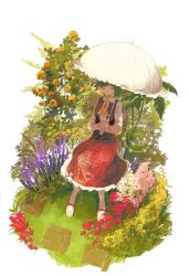 1girl absurdres ascot chair closed_eyes closed_mouth flower grass green_hair highres holding holding_umbrella kazami_yuuka long_sleeves open_clothes open_vest outdoors parasol plaid_clothes plaid_skirt plaid_vest purple_flower red_flower red_vest rose shirt short_hair sitting skirt skirt_set smile solo tiles touhou umbrella uninosono vegetation vest white_background white_flower white_shirt yellow_ascot yellow_flower
