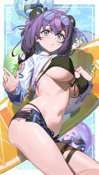 1girl absurdres airseal animal_ears aqua_eyes bikini bikini_under_shorts black_bikini black_shorts blush breasts clothes_lift commentary_request extra_ears eyewear_on_head hair_between_eyes highres large_breasts long_hair long_sleeves looking_at_viewer navel official_alternate_costume open_clothes open_shorts panda panda_ears panda_girl purple-framed_eyewear round_eyewear shirt shirt_lift short_shorts shorts skindentation solo stomach string_bikini strinova surfboard sweat swimsuit thigh_strap thighs white_shirt yvette_(seaside_venture)_(strinova) yvette_(strinova)