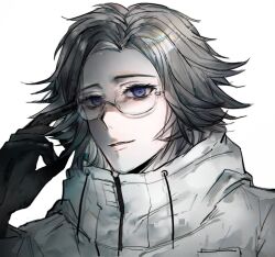 1boy adjusting_eyewear aotsuki_eito black_gloves blue_eyes chinese_commentary commentary_request curtained_hair drawstring eyelashes flipped_hair glasses gloves grey_hair high_collar highres jacket lisiqin92746 long_sleeves male_focus portrait short_hair simple_background solo the_hundred_line_-last_defense_academy- white_background white_jacket