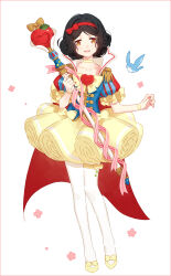 1girl adapted_costume armor bird black_hair bow brown_eyes bubble_skirt cape choker commentary_request flower full_body hair_bow hair_ribbon hakusai_(tiahszld) high_collar looking_at_viewer magical_girl open_mouth pantyhose pauldrons puffy_short_sleeves puffy_sleeves ribbon short_hair short_sleeves shoulder_armor simple_background skirt smile snow_white_(disney) snow_white_and_the_seven_dwarfs_(disney) solo staff white_background white_pantyhose
