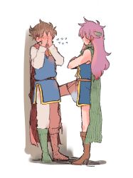 1boy 1girl bartz_klauser belt blue_tunic blush boots brown_footwear brown_hair cape covering_face crossed_arms faris_scherwiz final_fantasy final_fantasy_v flying_sweatdrops foot_kabedon green_cape green_footwear green_headwear headband high_heel_boots high_heels highres kabedon knee_up leaning leather_belt long_hair long_sleeves pants purple_hair red_cape shirt short_hair skirt standing sweatdrop tasituma2 tunic white_pants white_shirt