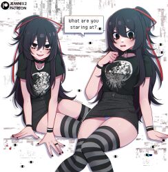 1girl band_shirt black_choker black_eyes black_hair black_nails black_shirt black_thighhighs blue_panties breasts choker chromatic_aberration collarbone commentary denim denim_skirt disembodied_eye english_commentary english_text glitch grey_thighhighs hair_between_eyes hair_ribbon highres horizontal-striped_thighhighs jeminix2 jewelry leaning_forward long_hair looking_at_viewer medium_breasts merchandise miniskirt mole mole_under_mouth multiple_views necklace no_pupils open_mouth original paid_reward_available panties pantyshot patreon_logo red_ribbon ribbon ring ring_necklace shirt shirt_tucked_in skirt sleep_token_(band) solo speech_bubble teeth thighhighs underwear upper_teeth_only white_background wristband