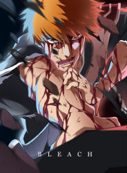 1boy 7l6cup9yzr1xu7d absurdres armor black_kimono bleach bleach:_sennen_kessen-hen blood blood_on_arm blood_on_face blurry brown_eyes commentary copyright_name depth_of_field eyebrows_hidden_by_hair fighting_stance foreshortening hair_between_eyes hand_on_own_arm highres holding holding_sword holding_weapon incoming_attack japanese_clothes kimono kurosaki_ichigo long_sleeves looking_at_viewer male_focus motion_blur nose official_style open_mouth orange_hair rubble serious short_hair shoulder_armor solo spiked_hair sword teeth torn_clothes torn_kimono tsurime upper_body v-shaped_eyebrows weapon wide_sleeves