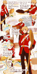 1boy aihara_kaya axis_powers_hetalia belt black_gloves black_pants blonde_hair blush buttons closed_mouth cup english_text floral_print flying_sweatdrops gloves green_eyes hair_between_eyes hand_on_own_hip highres holding holding_kettle holding_spoon holding_wand jacket kayanote kettle long_sleeves looking_at_object looking_at_viewer looking_down medal military_jacket military_uniform multiple_views open_mouth oversized_object pants plate pouring red_jacket sash short_hair smile spoon standing star_(symbol) steam sugar_cube tea united_kingdom_(hetalia) wand water white_background white_belt white_sash