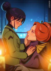 Rule 34 | 2girls, age difference, bang dacy, blush, candle, closed mouth, commentary, epaulettes, finger to another&#039;s mouth, green jacket, gundam, gundam gquuuuuux, hair bun, hand on another&#039;s thigh, indoors, jacket, kycilia zabi, long sleeves, multiple girls, night, nyaan (gundam gquuuuuux), orange hair, purple hair, purple jacket, sitting, sitting on lap, sitting on person, tongue, twitter username, yuri