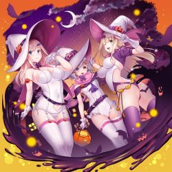 1girl armlet belly_chain belt black_belt black_thighhighs blonde_hair blue_eyes braid breasts cape cleavage_cutout clothing_cutout cloud cloudy_sky commentary crescent_moon frilled_leotard frills garter_straps gloves green_eyes hair_ornament hairclip halloween halloween_bucket halloween_costume halterneck hat hataraki_kuma heart_cutout highres holding jack-o&#039;-lantern_ornament jewelry leotard long_hair looking_back medium_breasts moon night night_sky one_eye_closed open_mouth original outdoors purple_cape purple_eyes purple_headwear short_hair short_sleeves side-tie_leotard side_braid silver_hair sky sleeveless smile standing star_(sky) starry_sky thighhighs thong_leotard two-sided_fabric two-sided_headwear v white_gloves white_headwear white_leotard white_thighhighs witch_hat