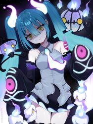 chandelure detached_arm gen_5_pokemon ghost ghost_miku_(project_voltage) glitch hatsune_miku lampent litwick necktie nintendo pale_skin pokemon project_voltage vickie_(cryingrobot) vocaloid white_necktie