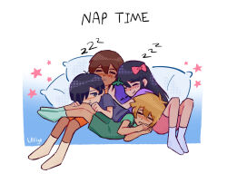Rule 34 | 1girl, 3boys, aged down, antenna hair, artist name, aubrey (faraway) (omori), aubrey (omori), basil (faraway) (omori), basil (omori), black eyes, black hair, black shirt, blonde hair, bow, brown hair, closed mouth, dark-skinned male, dark skin, green overalls, green shirt, green socks, hair bow, hair over one eye, highres, holding, holding stuffed toy, kel (faraway) (omori), kel (omori), long hair, mr. plantegg (omori), multiple boys, omori, orange shirt, orange shorts, overall shorts, overalls, pillow, pink bow, purple shirt, shirt, short sleeves, shorts, sleeping, smile, socks, stuffed eggplant, stuffed toy, sunny (omori), t-shirt, ullilya1, white socks, zzz