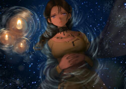 Rule 34 | 1girl, absurdres, bindi, black choker, black hair, blue coat, breasts, candle, choker, cleavage, closed mouth, coat, dark, dark-skinned female, dark skin, facial mark, fire, forehead mark, from above, hands on own stomach, highres, interlocked fingers, kaalaa baunaa, long hair, looking at viewer, lying, midriff, on back, own hands together, pants, partially submerged, purple eyes, reverse:1999, rifaen, ripples, shirt, solo, star (sky), starry sky background, upper body, water, yellow pants, yellow shirt