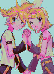 1boy 1girl :d absurdres aqua_background belt black_sailor_collar black_shorts black_sleeves blonde_hair blue_eyes bow commentary_request detached_sleeves hair_bow headphones highres kagamine_len kagamine_rin looking_at_viewer menma_(enaic31) neckerchief necktie open_mouth puffy_sleeves sailor_collar shirt shorts signature smile vocaloid watermark white_bow white_headphones white_shirt yellow_belt yellow_neckerchief yellow_necktie yellow_trim