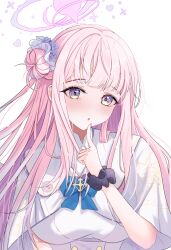 1girl absurdres black_scrunchie blue_archive breasts byakko_0410 capelet dress fingernails flower hair_bun hair_flower hair_ornament halo highres index_finger_raised looking_at_viewer medium_breasts mika_(blue_archive) parted_lips pink_hair pink_halo purple_flower scrunchie simple_background single_side_bun solo upper_body white_background white_capelet white_dress wrist_scrunchie yellow_eyes