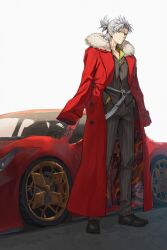 1boy car coat coat_on_shoulders fate/grand_order fate_(series) formal_clothes full_body fur-trimmed_coat fur_trim grey_eyes grey_hair half_updo hands_in_pockets highres jacket kamo_ashi looking_at_viewer male_focus motor_vehicle pants pinstripe_pants pinstripe_pattern pinstripe_suit red_car red_coat shoes solo standing striped_clothes striped_jacket striped_pants striped_suit suit takeda_shingen_(fate) vertical-striped_clothes vertical-striped_jacket vertical-striped_pants vertical-striped_suit