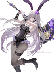 1girl adapted_costume animal_ears bare_shoulders black_boots black_leotard boots breasts bunny_day closed_mouth fake_animal_ears film_grain flower gradient_hair grey_hair grey_pantyhose hair_flower hair_ornament hair_spread_out hammer hashtag-only_commentary herta_(honkai:_star_rail) high_heel_boots high_heels highres holding holding_hammer holding_weapon honkai:_star_rail honkai_(series) jewelry key key_necklace knee_boots leotard long_hair looking_at_viewer multicolored_hair nail_polish necklace over_shoulder pantyhose purple_eyes purple_flower purple_hair purple_nails rabbit_ears revision rok8284 simple_background small_breasts solo the_herta_(honkai:_star_rail) two-handed very_long_hair weapon weapon_over_shoulder white_background