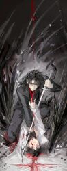 Rule 34 | 2boys, absurdres, black boots, black coat, black eyes, black gloves, black hair, blood, blood on arm, blood on clothes, blood on ground, bloody tears, boots, boy on top, clothes grab, coat, crazy eyes, curtained hair, fang, gloves, glowing, hand on another&#039;s neck, heterochromia, highres, holding, holding sword, holding weapon, kim dokja, lantercat, light particles, long sleeves, lying, male focus, multiple boys, omniscient reader&#039;s viewpoint, on back, on ground, open mouth, reaching, reaching towards another, red eyes, short hair, string around finger, sword, weapon, white coat, yellow eyes, yoo joonghyuk