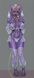 1girl alien anklet bra brown_eyes colored_skin demogoron detached_pants detached_sleeves full_body gold_collar grey_background highres jewelry leash lingerie looking_at_viewer navel nipples panties pants purple_skin see-through_bra see-through_clothes see-through_pants see-through_sleeves simple_background solo standing star_wars twi&#039;lek underwear white_bra white_panties white_pants white_sleeves