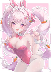 1girl absurdres alice_(nikke) alice_(wonderland_bunny)_(nikke) animal_ears bow bowtie breasts carrot_hair_ornament detached_collar fake_animal_ears food-themed_hair_ornament goddess_of_victory:_nikke hair_ornament highres leotard long_hair medium_breasts pantyhose pink_bow pink_bowtie pink_eyes pink_hair pink_leotard playboy_bunny rabbit_ears shi4_cos strapless strapless_leotard twintails white_pantyhose wrist_cuffs