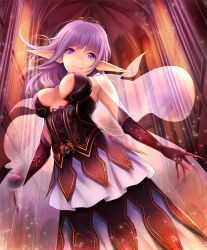 1girl artist_request bare_shoulders blood breasts claws corset detached_sleeves dress fangs gloves hair_ornament large_breasts long_hair looking_down mormo official_art pointy_ears purple_eyes purple_hair shadowverse smile uncensored veil
