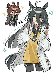Rule 34 | 2girls, agnes tachyon (umamusume), agnes tachyon (umamusume) (cosplay), ahoge, animal ears, black coat, black hair, black necktie, black shirt, brown hair, chibi, coat, cosplay, costume switch, cropped legs, earrings, emne, hair between eyes, horse ears, horse girl, horse tail, jewelry, lab coat, long bangs, long hair, manhattan cafe (umamusume), manhattan cafe (umamusume) (cosplay), multiple girls, necktie, shirt, short hair, simple background, sleeves past fingers, sleeves past wrists, sweater vest, tail, tassel, tassel earrings, umamusume, white background, white coat, yellow eyes, yellow sweater vest